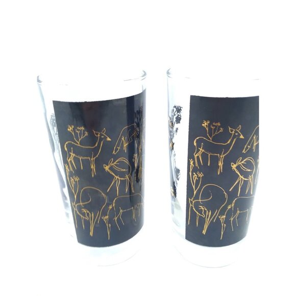 Vtg. Unique set of 2 MCM Deer Trees gold on black Clear high ball / tumblers - Picture 12 of 15